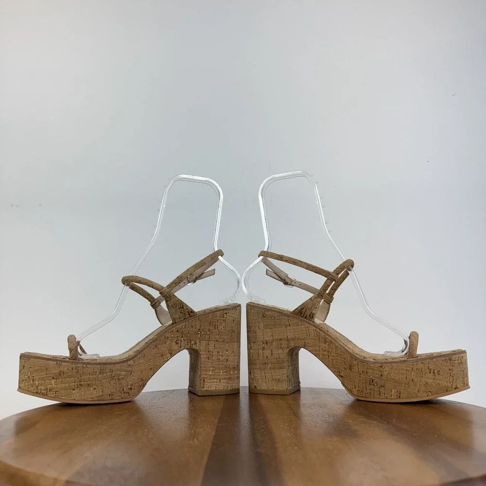 New Womens Dolce Vita Jodie Tan Cork Strappy Platform Heels Sandals Size‎ 10 M